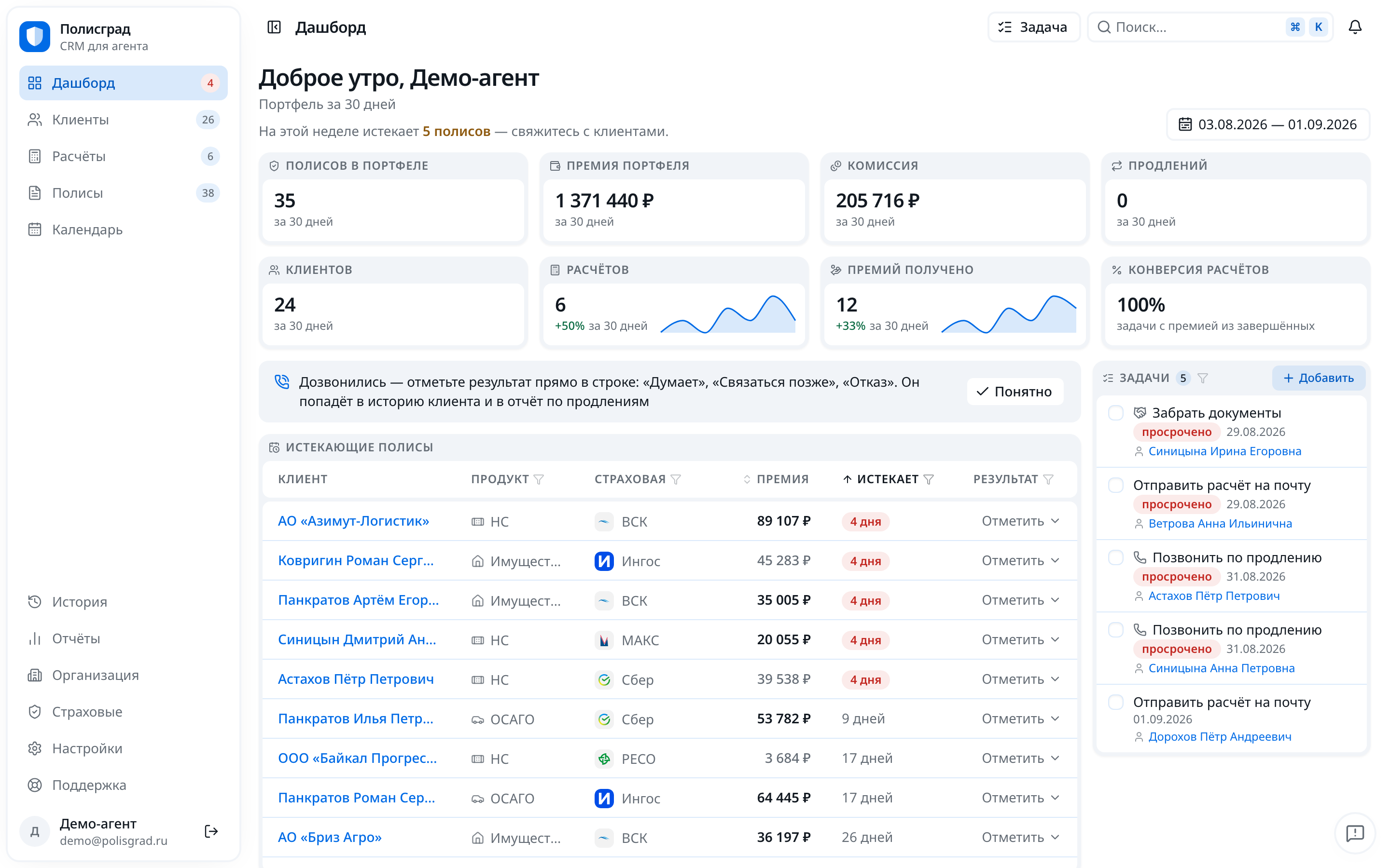 Рабочее окно: портфель, комиссия, продления и задачи